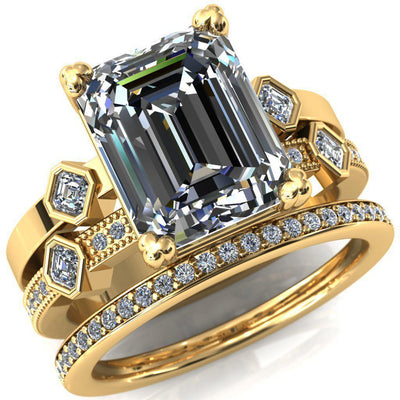 Jeanette Emerald Moissanite Triple 4 Prong Double Princess Diamond Bezel Shoulders Ring-Custom-Made Jewelry-Fire & Brilliance ®