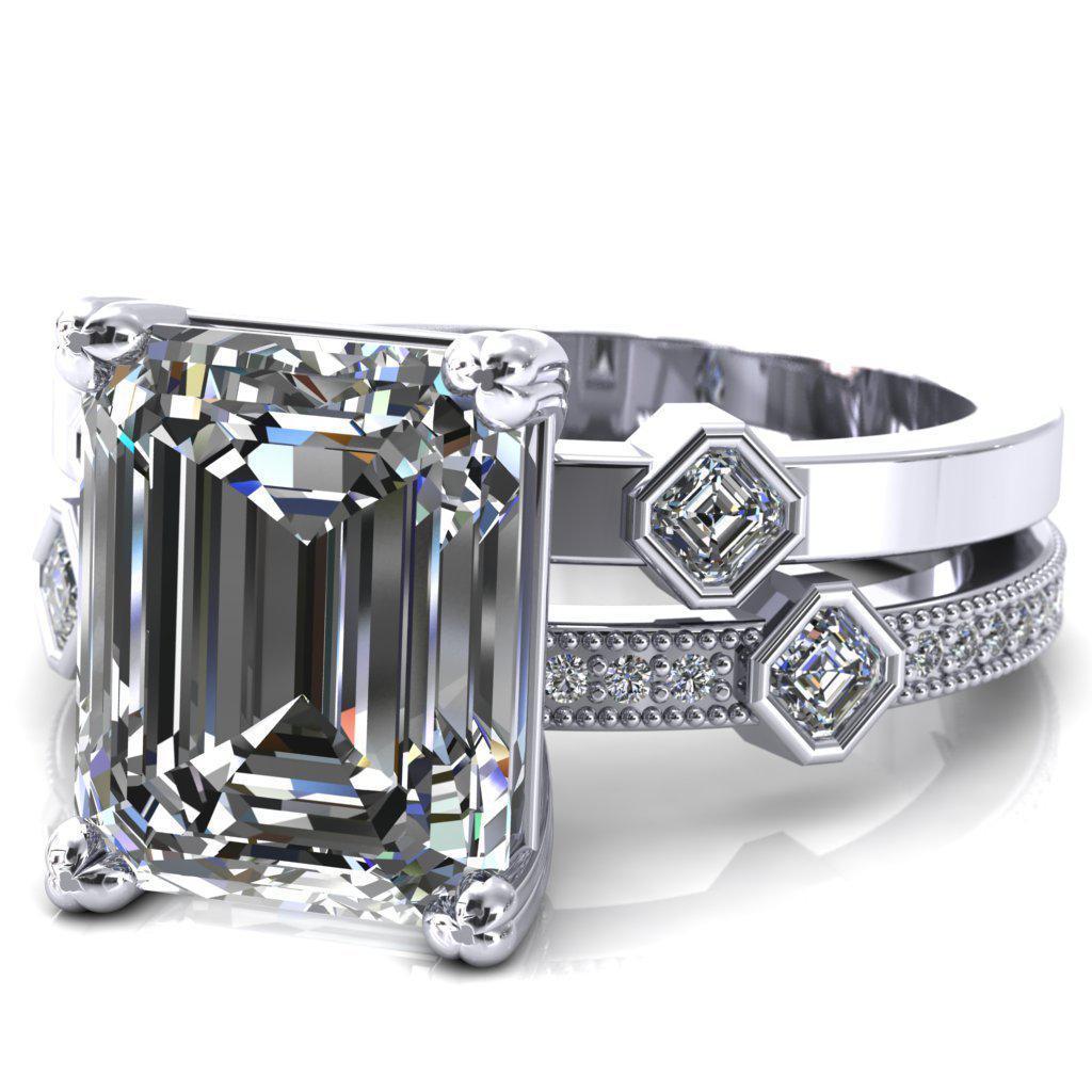 Jeanette Emerald Moissanite Triple 4 Prong Double Princess Diamond Bezel Shoulders Ring-Custom-Made Jewelry-Fire & Brilliance ®