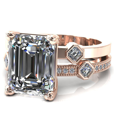 Jeanette Emerald Moissanite Triple 4 Prong Double Princess Diamond Bezel Shoulders Ring-Custom-Made Jewelry-Fire & Brilliance ®