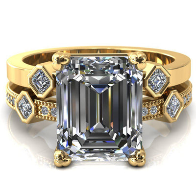 Jeanette Emerald Moissanite Triple 4 Prong Double Princess Diamond Bezel Shoulders Ring-Custom-Made Jewelry-Fire & Brilliance ®