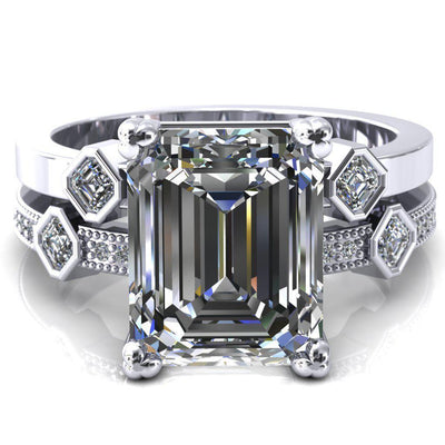 Jeanette Emerald Moissanite Triple 4 Prong Double Princess Diamond Bezel Shoulders Ring-Custom-Made Jewelry-Fire & Brilliance ®