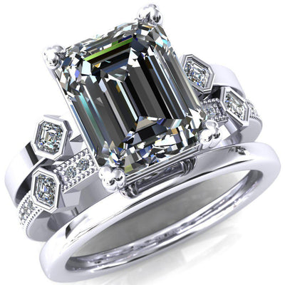 Jeanette Emerald Moissanite Triple 4 Prong Double Princess Diamond Bezel Shoulders Ring-Custom-Made Jewelry-Fire & Brilliance ®