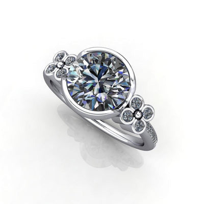 Jenna Round Moissanite Half Bezel Center and Bezel Diamond 4 Lucky Clover Sides Ring-Custom-Made Jewelry-Fire & Brilliance ®