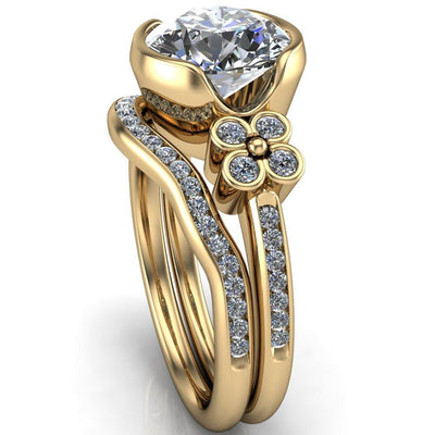 Jenna Round Moissanite Half Bezel Center and Bezel Diamond 4 Lucky Clover Sides Ring-Custom-Made Jewelry-Fire & Brilliance ®