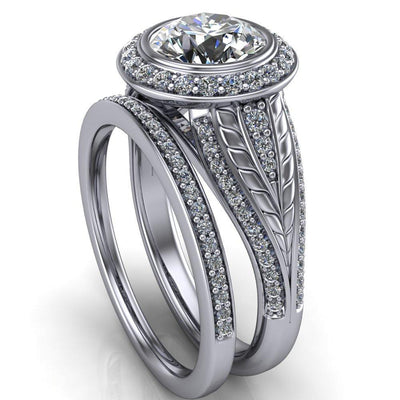 Jessica Round Moissanite Bezel Set Halo Diamond Etched Design Cobra Ring-Custom-Made Jewelry-Fire & Brilliance ®