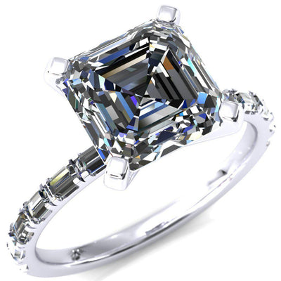 Judie Asscher Moissanite 4 V-Prong 1/2 Micropavé Baguette Diamond Accent Engagement Ring-FIRE & BRILLIANCE