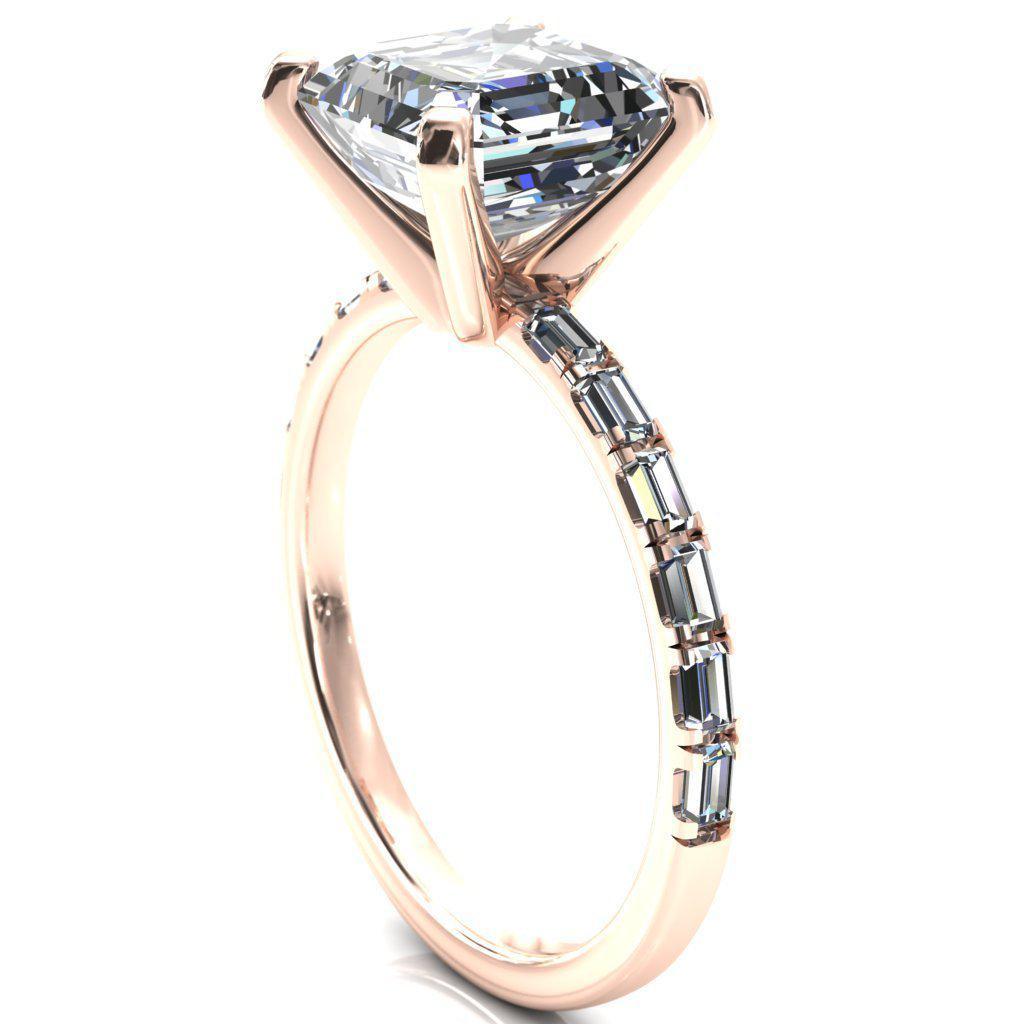 Judie Asscher Moissanite 4 V-Prong 1/2 Micropavé Baguette Diamond Accent Engagement Ring-FIRE & BRILLIANCE
