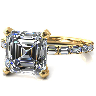 Judie Asscher Moissanite 4 V-Prong 1/2 Micropavé Baguette Diamond Accent Engagement Ring-FIRE & BRILLIANCE