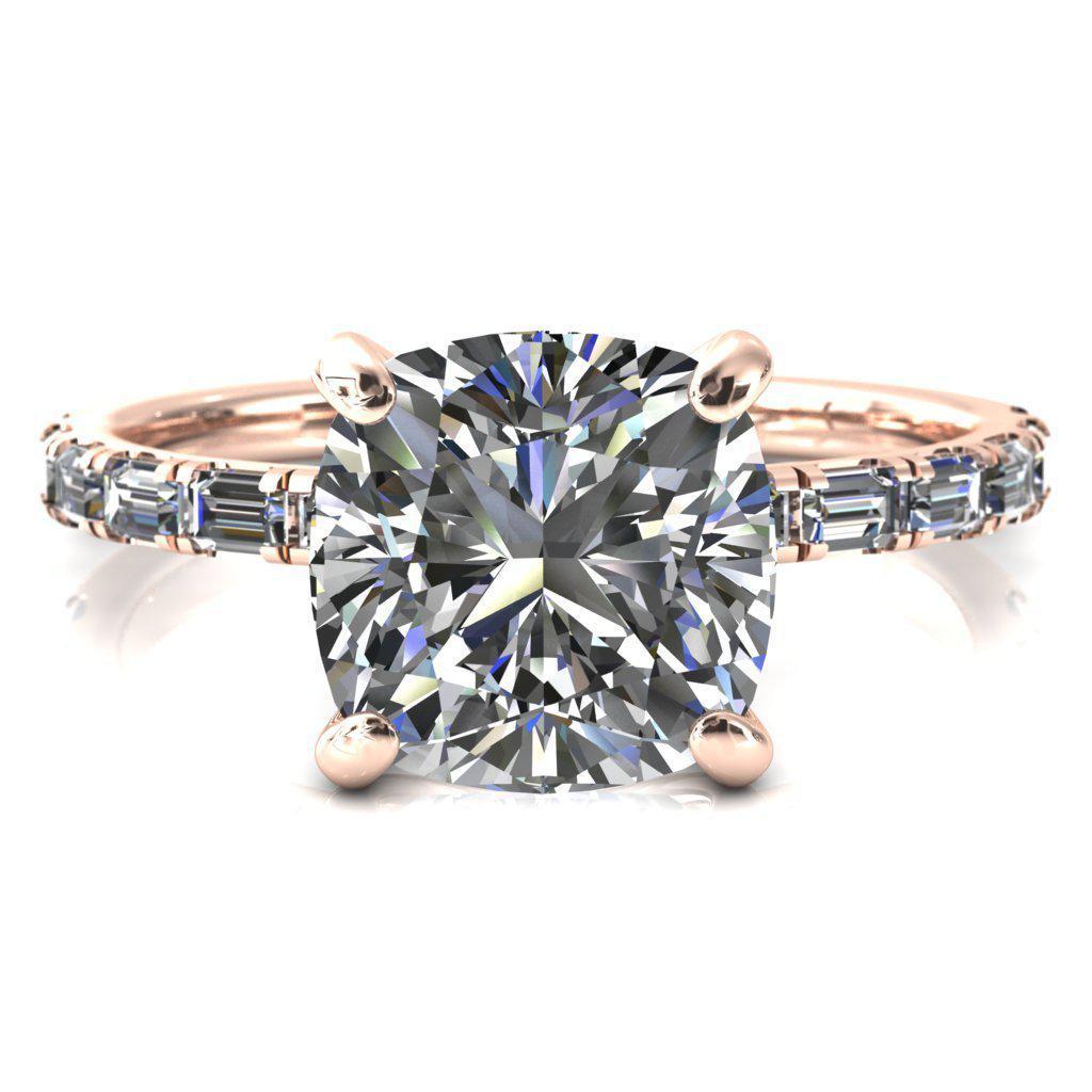 Judie Cushion Moissanite 4 V-Prong 1/2 Micropavé Baguette Diamond Accent Engagement Ring-FIRE & BRILLIANCE