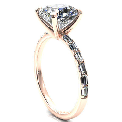 Judie Cushion Moissanite 4 V-Prong 1/2 Micropavé Baguette Diamond Accent Engagement Ring-FIRE & BRILLIANCE