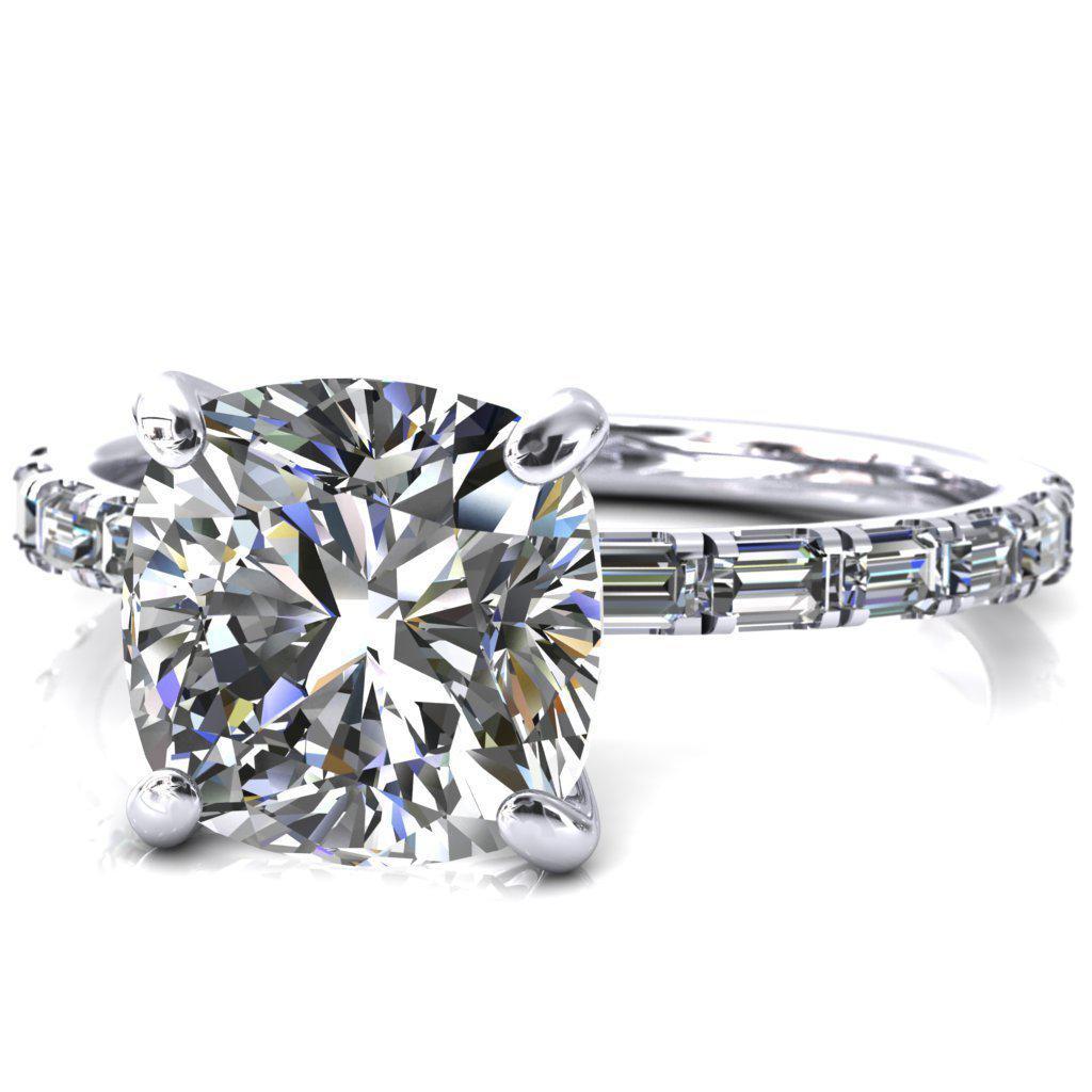 Judie Cushion Moissanite 4 V-Prong 1/2 Micropavé Baguette Diamond Accent Engagement Ring-FIRE & BRILLIANCE