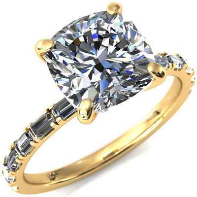 Judie Cushion Moissanite 4 V-Prong 1/2 Micropavé Baguette Diamond Accent Engagement Ring-FIRE & BRILLIANCE