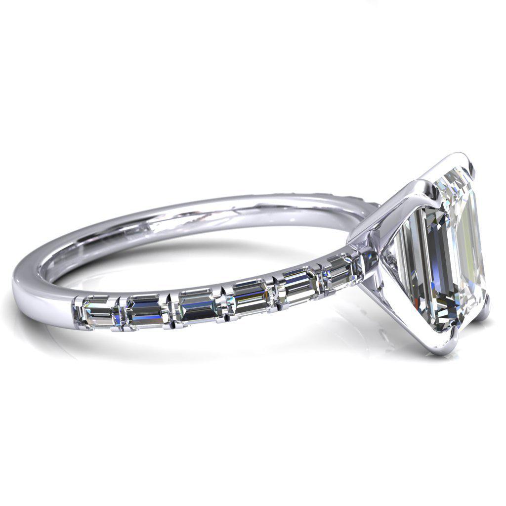 Judie Emerald Moissanite 4 V-Prong 1/2 Micropavé Baguette Diamond Accent Engagement Ring-FIRE & BRILLIANCE