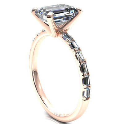 Judie Emerald Moissanite 4 V-Prong 1/2 Micropavé Baguette Diamond Accent Engagement Ring-FIRE & BRILLIANCE