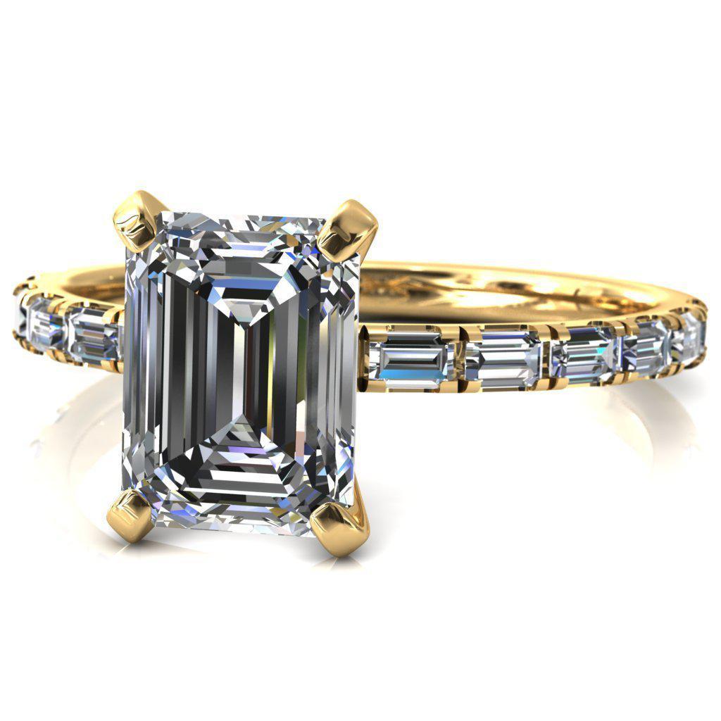 Judie Emerald Moissanite 4 V-Prong 1/2 Micropavé Baguette Diamond Accent Engagement Ring-FIRE & BRILLIANCE