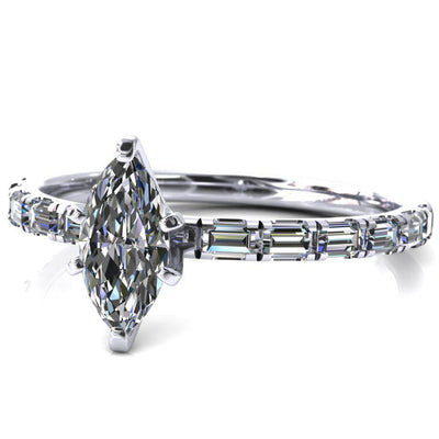 Judie Marquise Moissanite 6 V-Prong 1/2 Micropavé Baguette Diamond Accent Engagement Ring-FIRE & BRILLIANCE