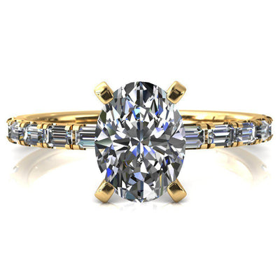 Judie Oval Moissanite 4 V-Prong 1/2 Micropavé Baguette Diamond Accent Engagement Ring-FIRE & BRILLIANCE