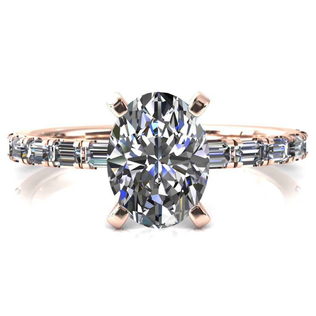 Judie Oval Moissanite 4 V-Prong 1/2 Micropavé Baguette Diamond Accent Engagement Ring-FIRE & BRILLIANCE