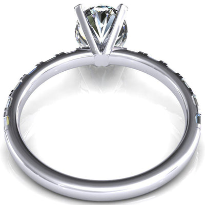 Judie Oval Moissanite 4 V-Prong 1/2 Micropavé Baguette Diamond Accent Engagement Ring-FIRE & BRILLIANCE