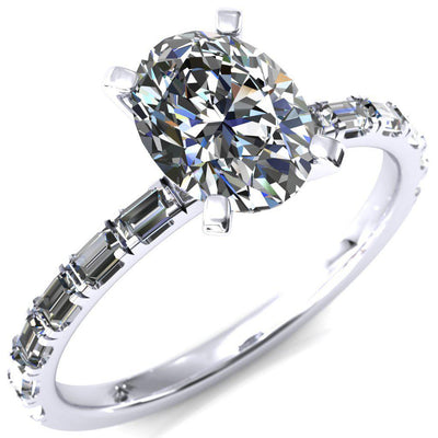 Judie Oval Moissanite 4 V-Prong 1/2 Micropavé Baguette Diamond Accent Engagement Ring-FIRE & BRILLIANCE