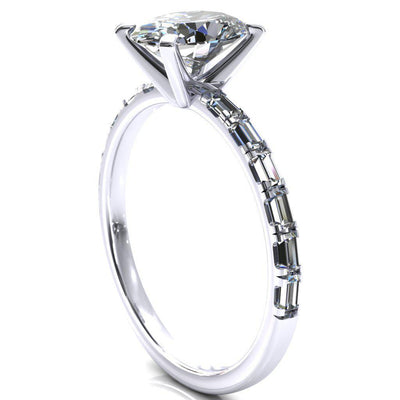 Judie Oval Moissanite 4 V-Prong 1/2 Micropavé Baguette Diamond Accent Engagement Ring-FIRE & BRILLIANCE