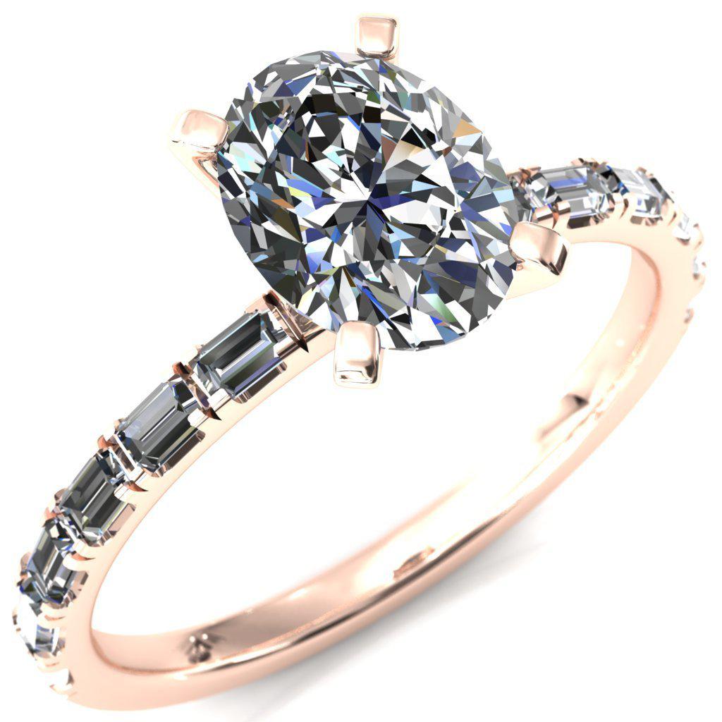 Judie Oval Moissanite 4 V-Prong 1/2 Micropavé Baguette Diamond Accent Engagement Ring-FIRE & BRILLIANCE