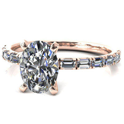 Judie Oval Moissanite 4 V-Prong 1/2 Micropavé Baguette Diamond Accent Engagement Ring-FIRE & BRILLIANCE