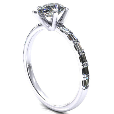 Judie Pear Moissanite 4 V-Prong 1/2 Micropavé Baguette Diamond Accent Engagement Ring-FIRE & BRILLIANCE