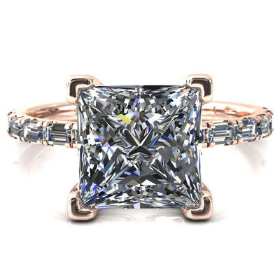 Judie Princess/Square Moissanite 4 V-Prong 1/2 Micropavé Baguette Diamond Accent Engagement Ring-FIRE & BRILLIANCE