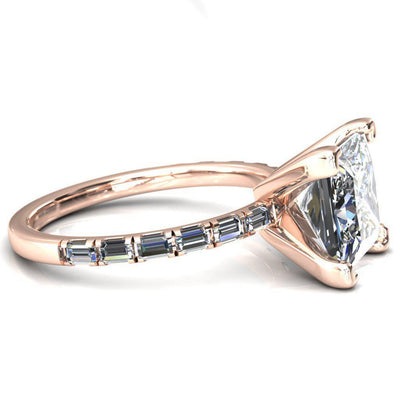 Judie Princess/Square Moissanite 4 V-Prong 1/2 Micropavé Baguette Diamond Accent Engagement Ring-FIRE & BRILLIANCE