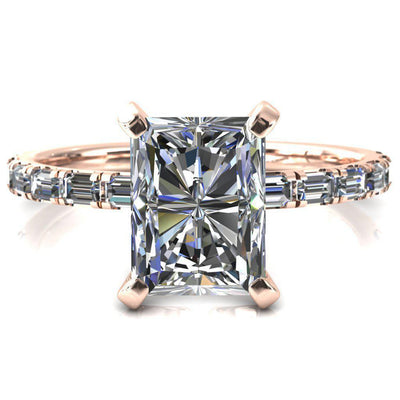 Judie Radiant Moissanite 4 V-Prong 1/2 Micropavé Baguette Diamond Accent Engagement Ring-FIRE & BRILLIANCE