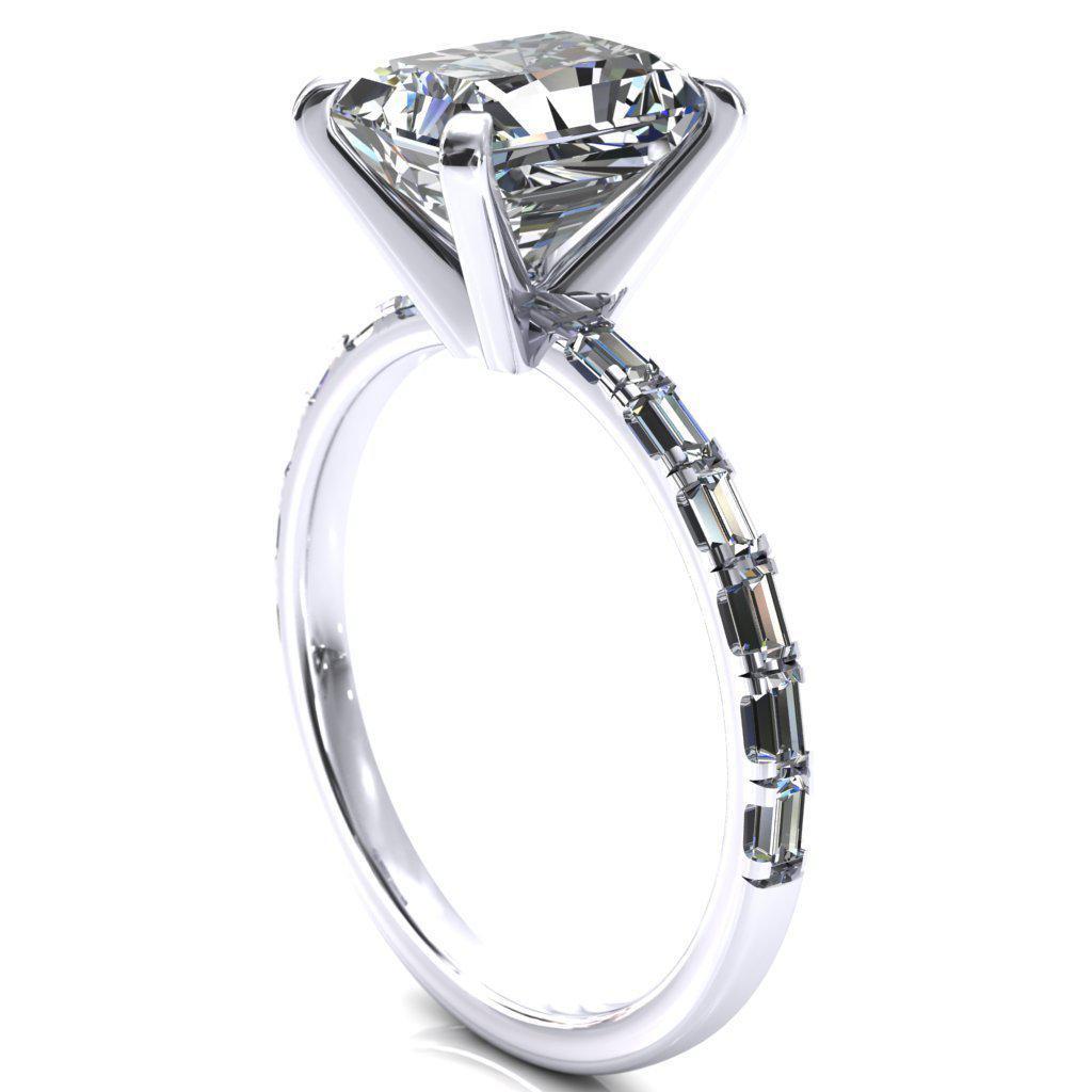 Judie Radiant Moissanite 4 V-Prong 1/2 Micropavé Baguette Diamond Accent Engagement Ring-FIRE & BRILLIANCE