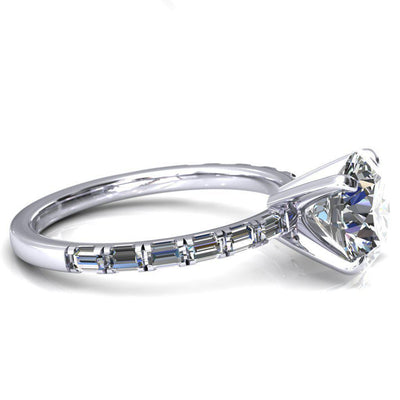 Judie Round Moissanite 4 V-Prong 1/2 Micropavé Baguette Diamond Accent Engagement Ring-FIRE & BRILLIANCE
