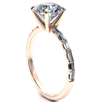 Judie Round Moissanite 4 V-Prong 1/2 Micropavé Baguette Diamond Accent Engagement Ring-FIRE & BRILLIANCE