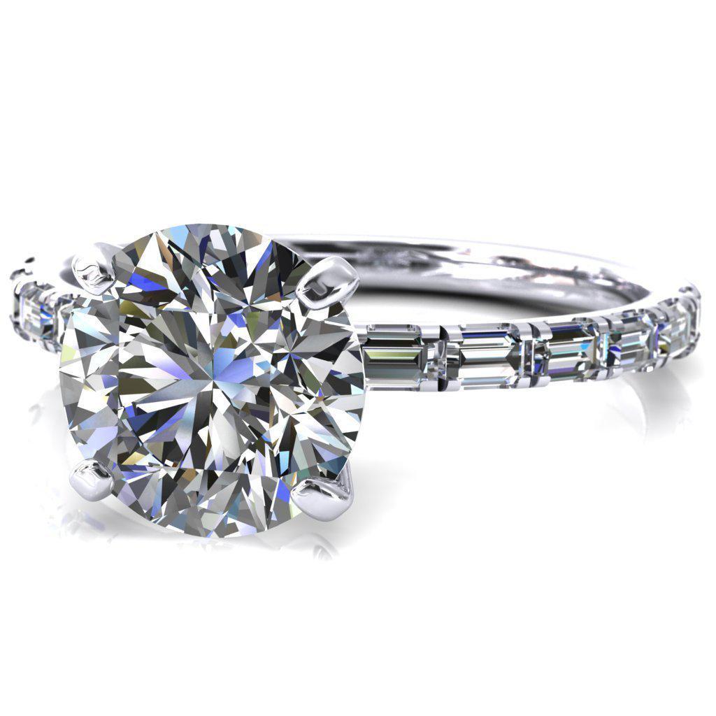 Judie Round Moissanite 4 V-Prong 1/2 Micropavé Baguette Diamond Accent Engagement Ring-FIRE & BRILLIANCE