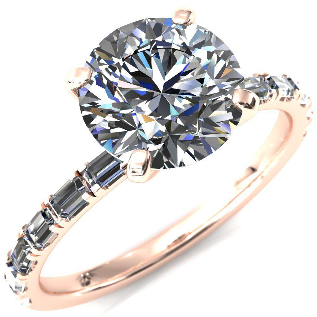 Judie Round Moissanite 4 V-Prong 1/2 Micropavé Baguette Diamond Accent Engagement Ring-FIRE & BRILLIANCE