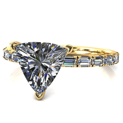 Judie Trillion Moissanite 3 V-Prong 1/2 Micropavé Baguette Diamond Accent Engagement Ring-FIRE & BRILLIANCE