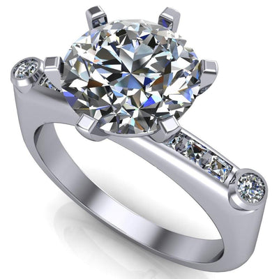 Judith Round Moissanite 6 Prong Center Diamond Channel Accent Full Bezel Ring-Custom-Made Jewelry-Fire & Brilliance ®