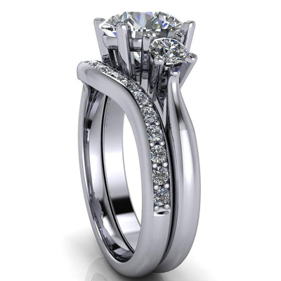 June Round Moissanite Under Bezel 3 Stone Cathedral Engagement Ring-Custom-Made Jewelry-Fire & Brilliance ®
