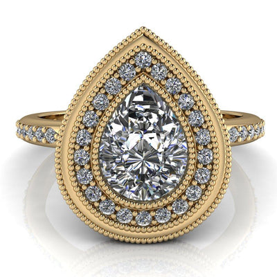 Kasey Pear Moissanite Milgrain Halo Bezel Pinch Diamond Ring-Custom-Made Jewelry-Fire & Brilliance ®