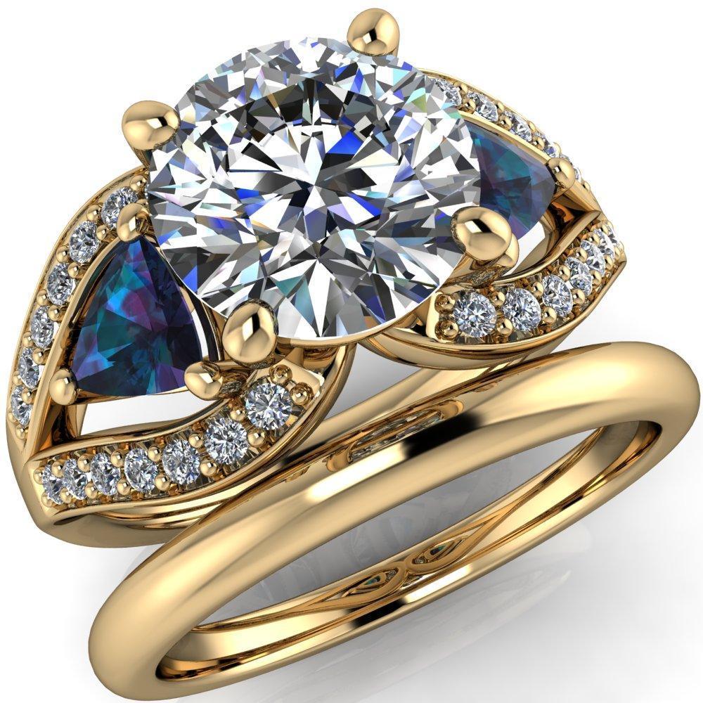 Kassandra Round Moissanite 4 Prong Trillion Alexandrite Side Split Shank Accent Engagement Ring-Custom-Made Jewelry-Fire & Brilliance ®