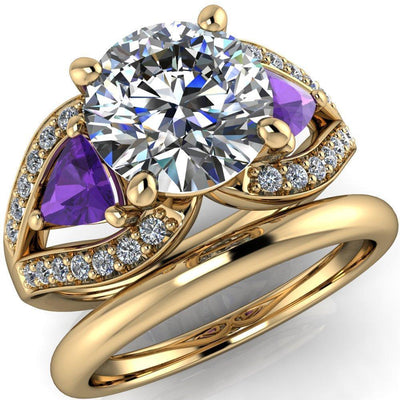 Kassandra Round Moissanite 4 Prong Trillion Amethyst Side Split Shank Accent Engagement Ring-Custom-Made Jewelry-Fire & Brilliance ®