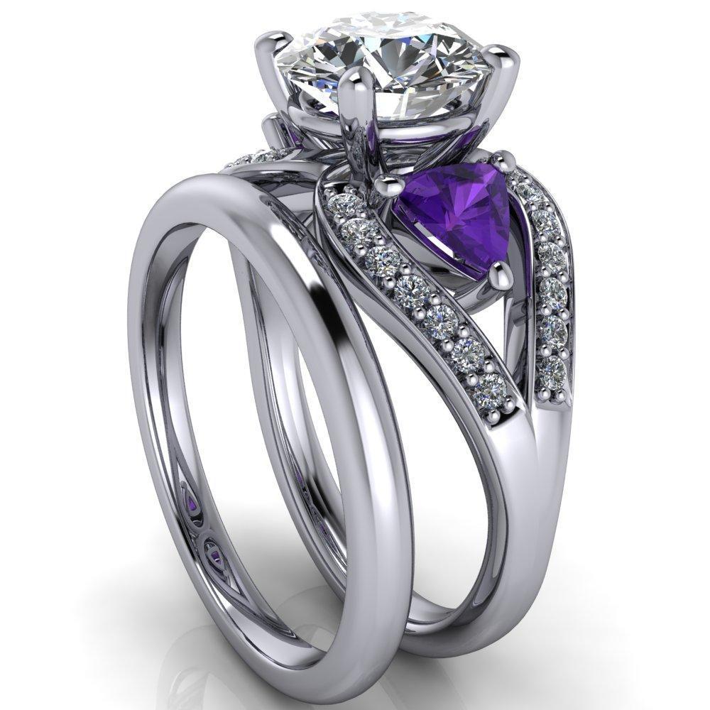 Kassandra Round Moissanite 4 Prong Trillion Amethyst Side Split Shank Accent Engagement Ring-Custom-Made Jewelry-Fire & Brilliance ®