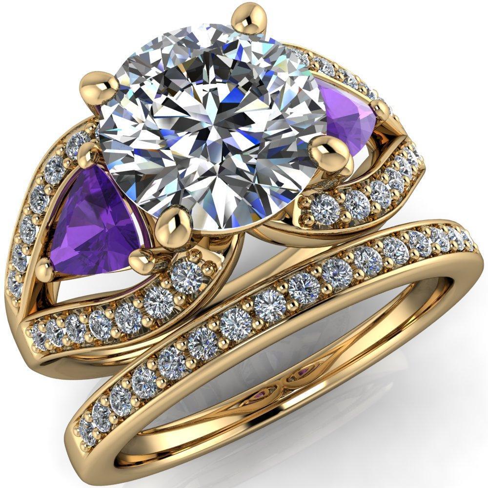 Kassandra Round Moissanite 4 Prong Trillion Amethyst Side Split Shank Accent Engagement Ring-Custom-Made Jewelry-Fire & Brilliance ®