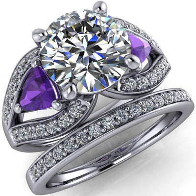 Kassandra Round Moissanite 4 Prong Trillion Amethyst Side Split Shank Accent Engagement Ring-Custom-Made Jewelry-Fire & Brilliance ®