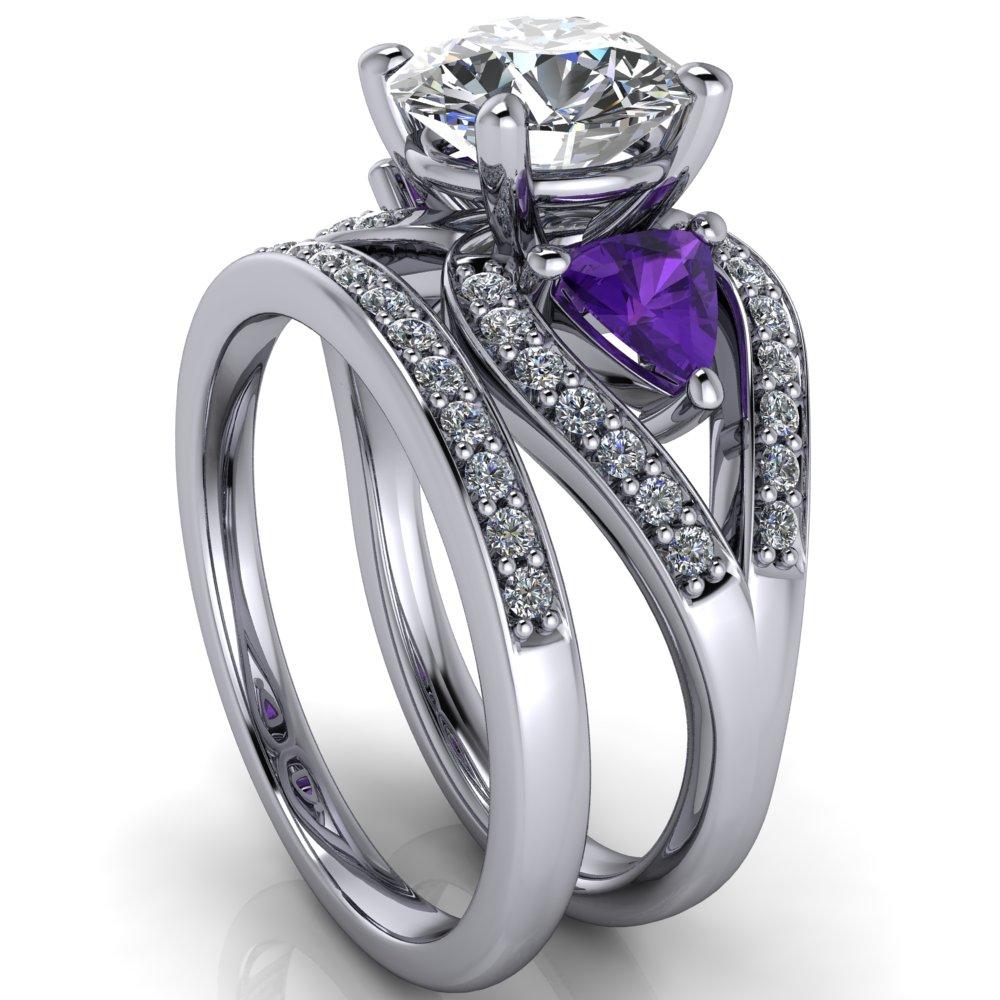 Kassandra Round Moissanite 4 Prong Trillion Amethyst Side Split Shank Accent Engagement Ring-Custom-Made Jewelry-Fire & Brilliance ®