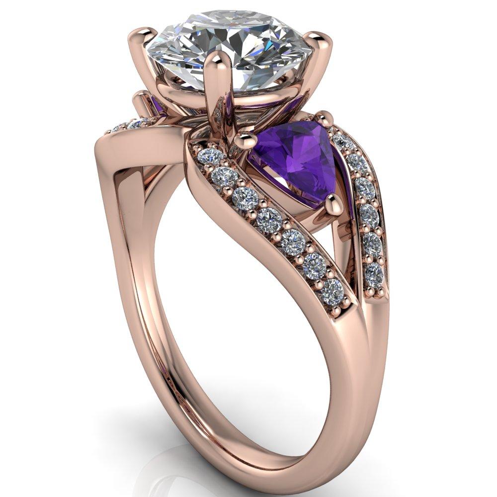 Kassandra Round Moissanite 4 Prong Trillion Amethyst Side Split Shank Accent Engagement Ring-Custom-Made Jewelry-Fire & Brilliance ®