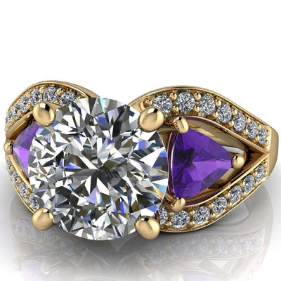 Kassandra Round Moissanite 4 Prong Trillion Amethyst Side Split Shank Accent Engagement Ring-Custom-Made Jewelry-Fire & Brilliance ®