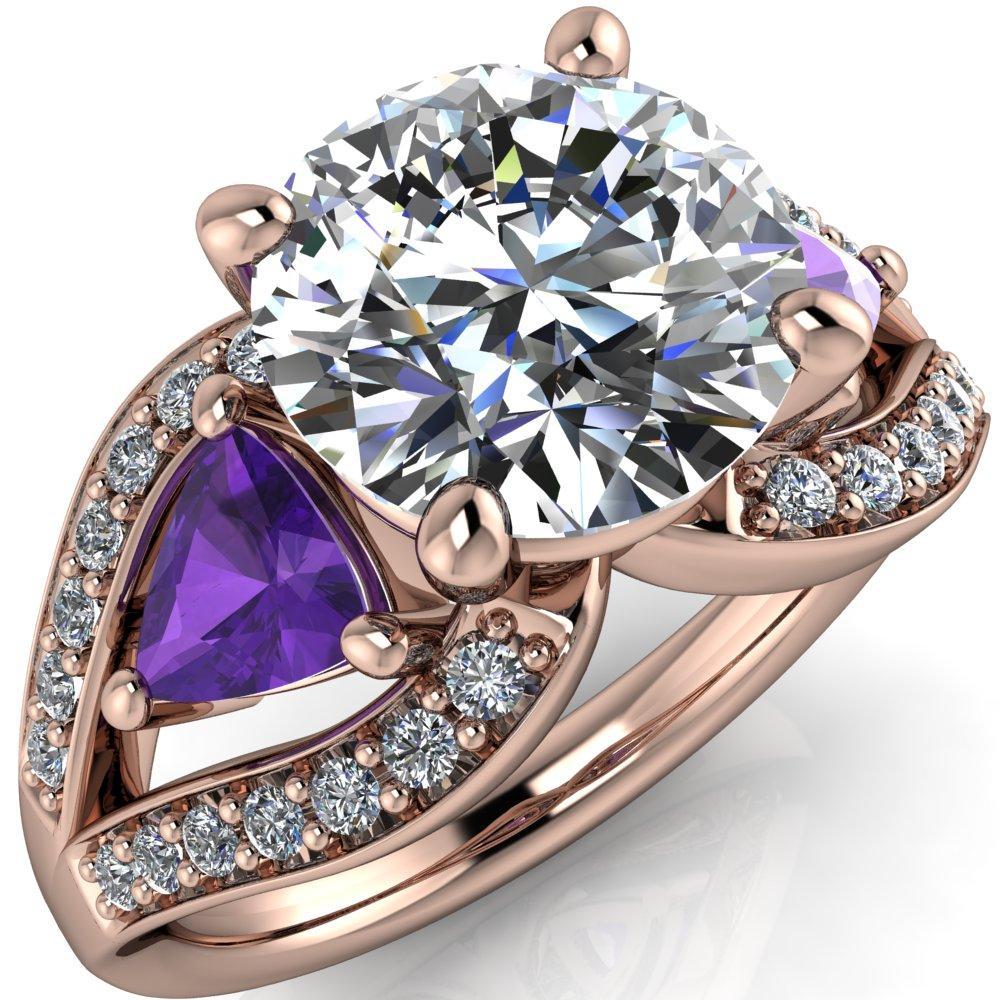 Kassandra Round Moissanite 4 Prong Trillion Amethyst Side Split Shank Accent Engagement Ring-Custom-Made Jewelry-Fire & Brilliance ®