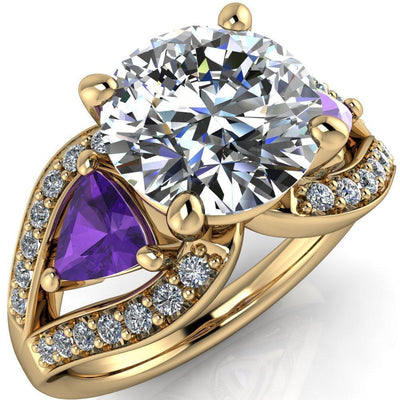 Kassandra Round Moissanite 4 Prong Trillion Amethyst Side Split Shank Accent Engagement Ring-Custom-Made Jewelry-Fire & Brilliance ®